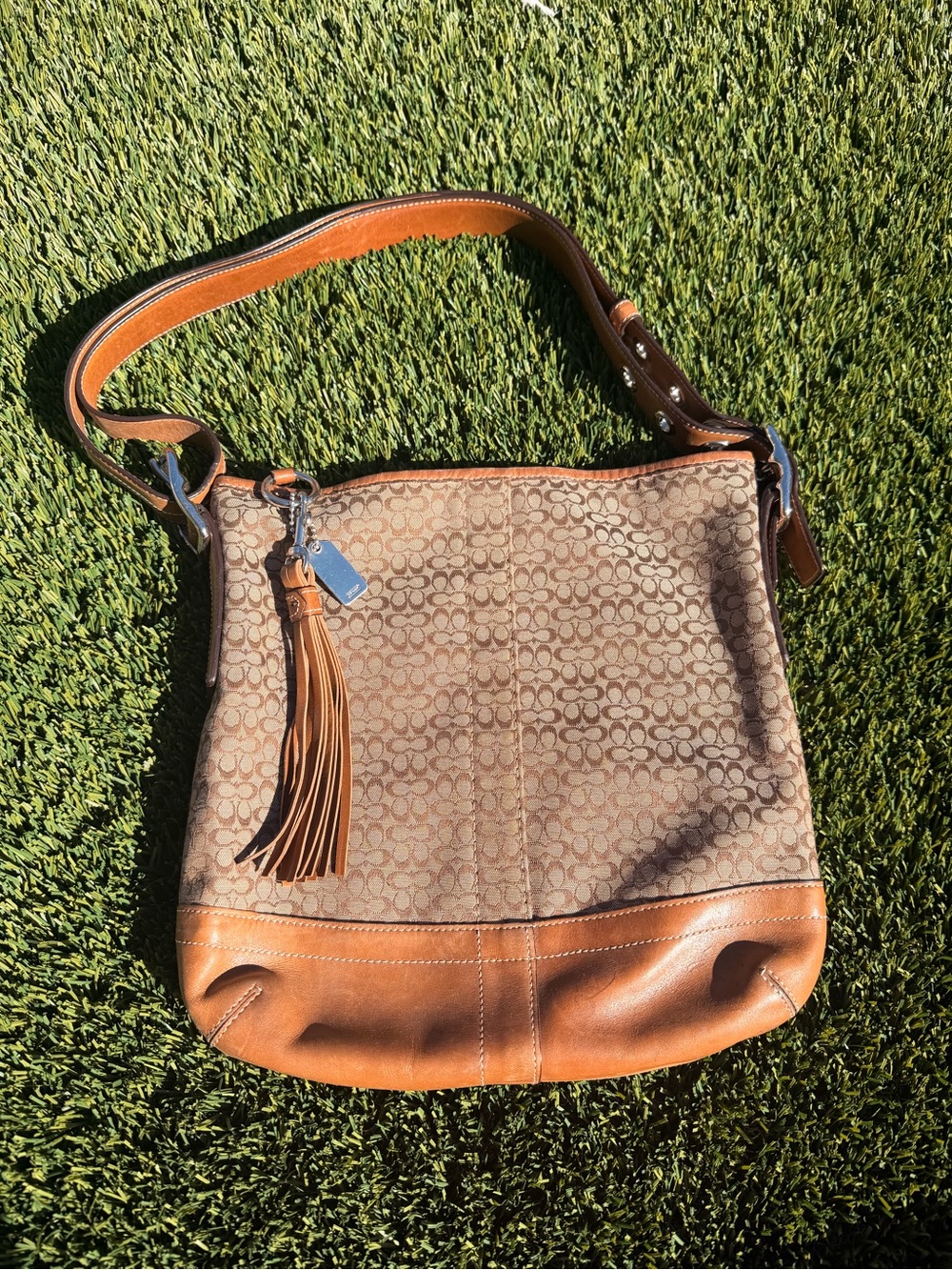 Coach Tan/Brown Signature Canvas Shoulder Bag with Tassel